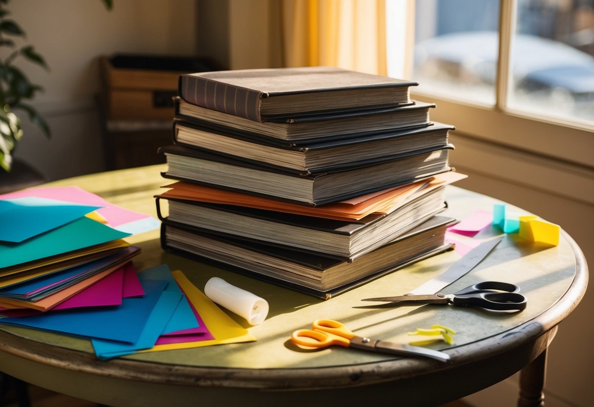 Old photo albums stacked on a vintage table, surrounded by colorful paper, scissors, and glue. Sunlight streams through a nearby window, casting warm shadows on the materials