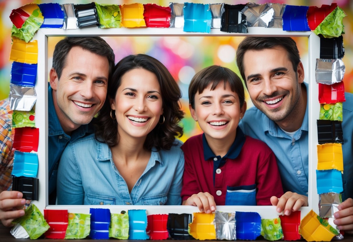 A family of four smiling faces surrounded by colorful recycled materials in a homemade photo frame