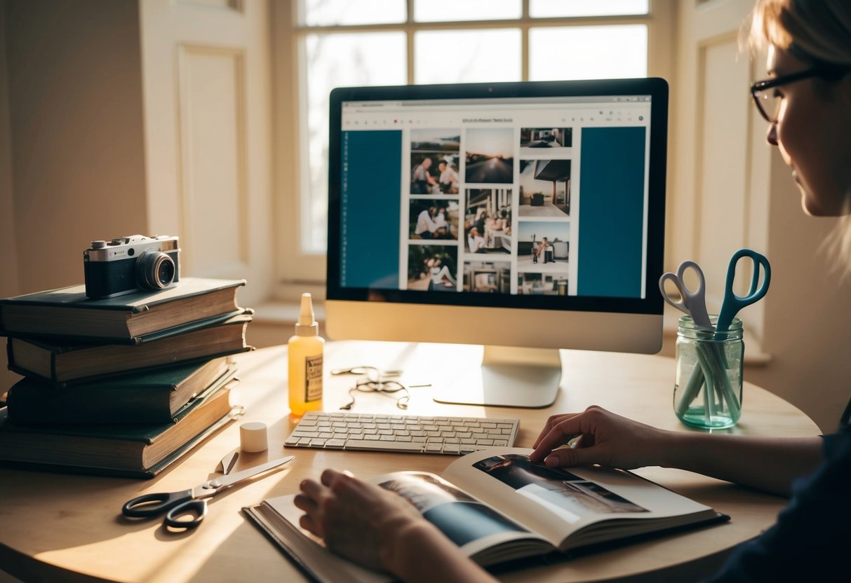 A table with old photo albums, scissors, glue, and a computer open to a collage maker website. Sunlight streams in through a window, casting a warm glow on the scene