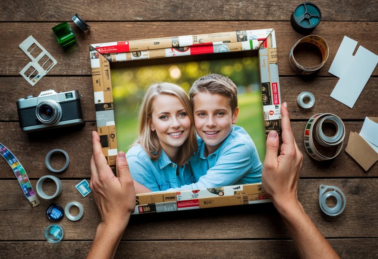 A person using recycled materials to build a family photo frame