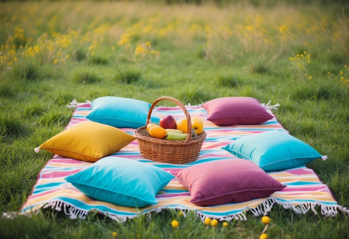 A picnic blanket spread out on a grassy field, surrounded by colorful pillows and a basket of fresh fruit