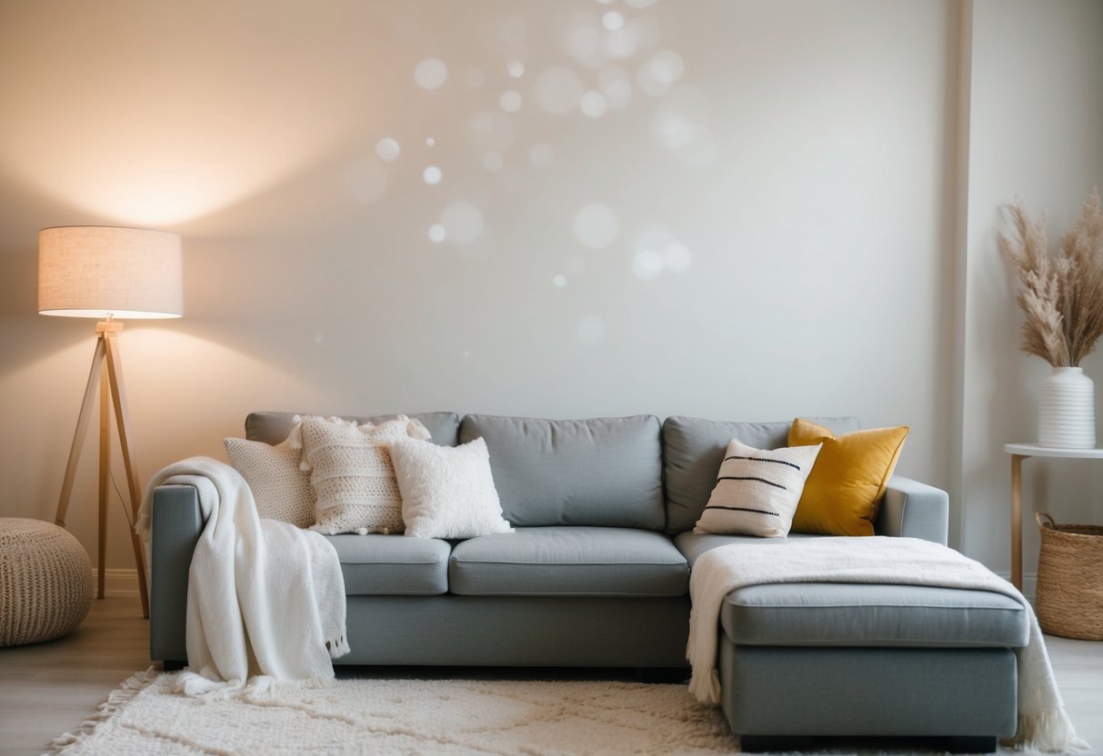 A cozy living room with soft, natural lighting, a neutral-colored backdrop, and a few simple props like blankets and pillows