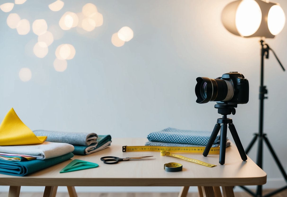 A table with various fabrics and materials, scissors, and a measuring tape. A camera on a tripod aimed at a blank wall with soft lighting