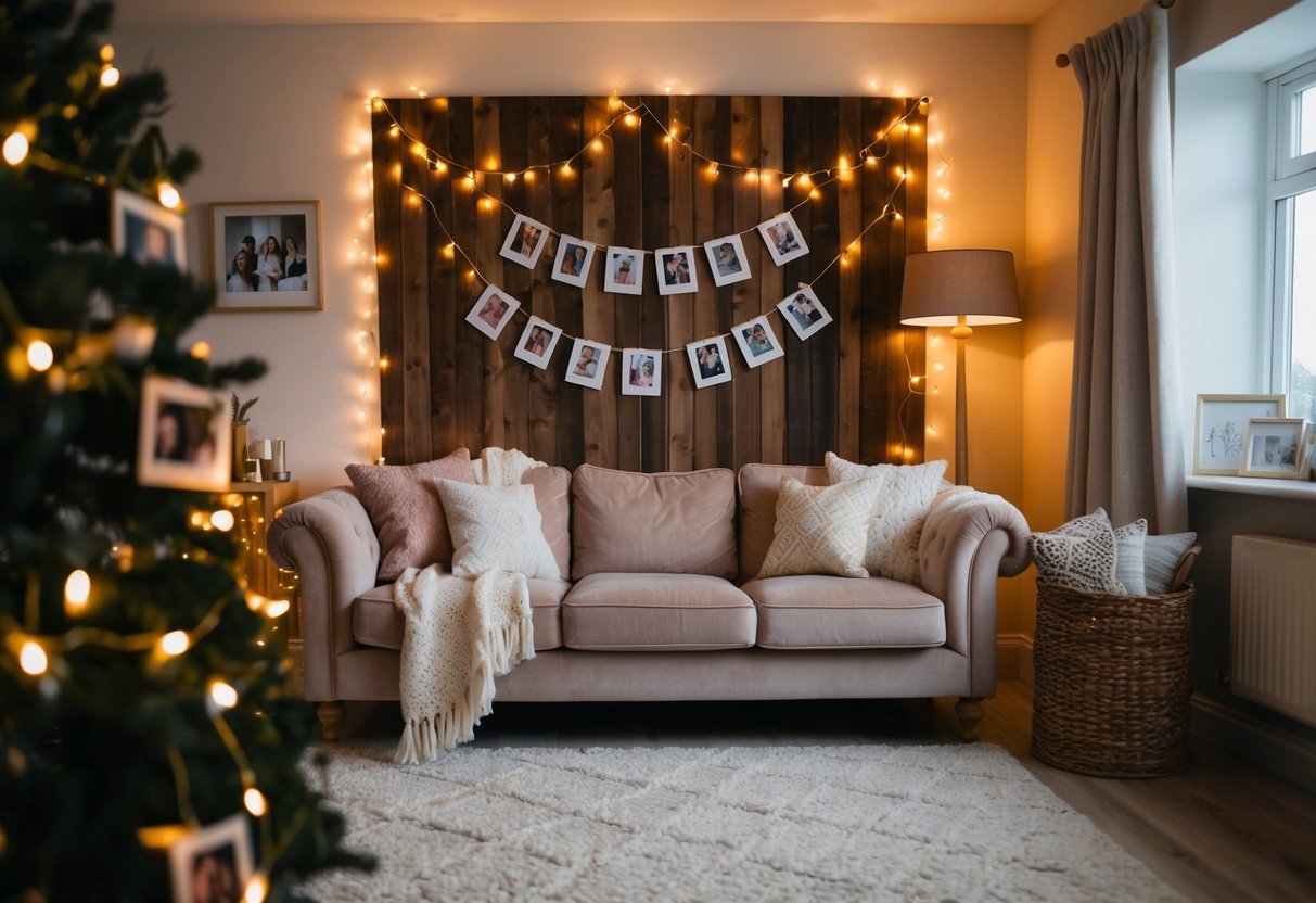 A cozy living room with warm lighting, a plush sofa, and a rustic wooden backdrop adorned with fairy lights and family photos