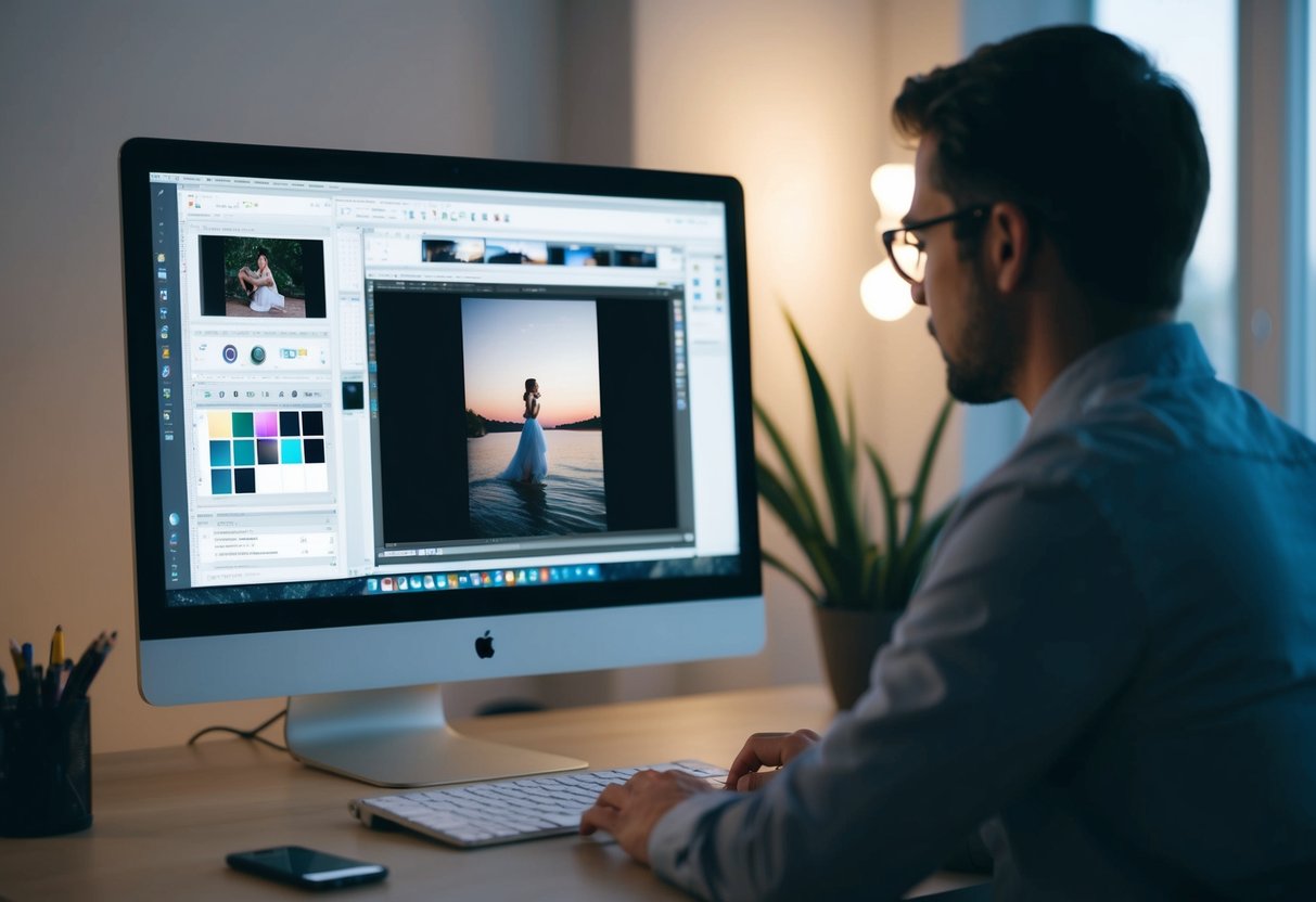 A person sitting at a desk, using a computer with photo editing software open. The screen displays various editing tools and a photo being edited