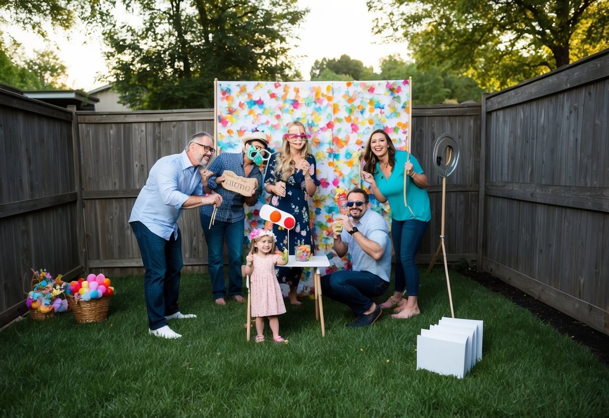 A family setting up a backyard photo booth with props and a handmade backdrop