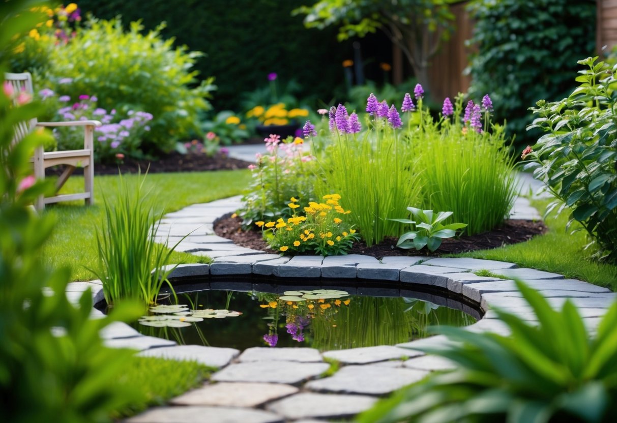 A tranquil backyard garden with a winding stone path, blooming wildflowers, and a small pond surrounded by lush greenery