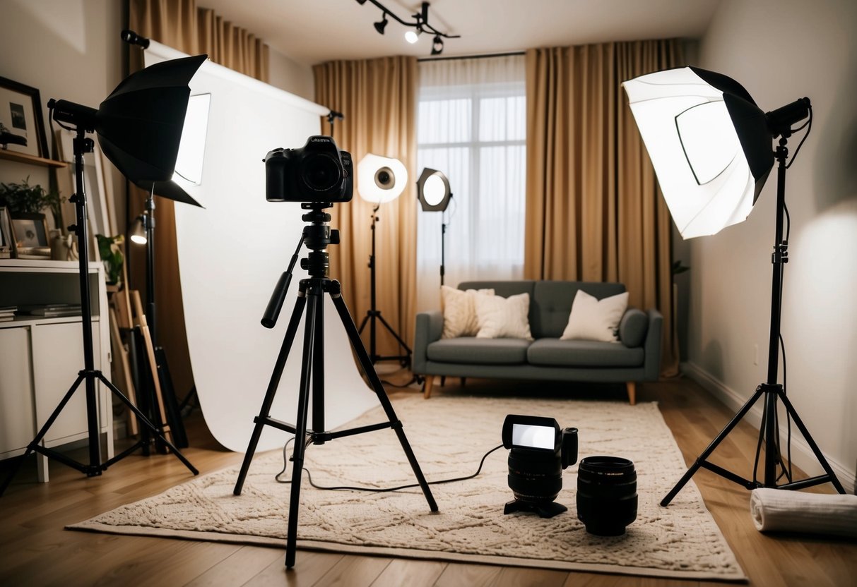 A cozy home studio with a camera, tripod, lighting equipment, and backdrops set up for weekend DIY family photography projects