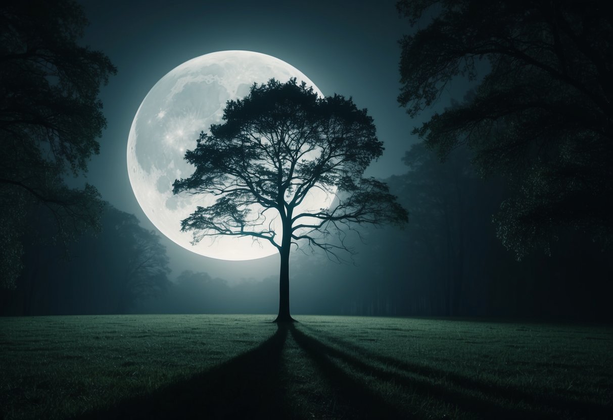 A lone tree stands in a moonlit forest, casting long, eerie shadows on the ground, while the light filters through the dense foliage creating a dramatic and mysterious atmosphere