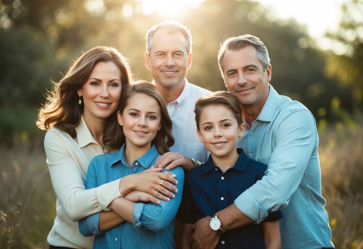 A family of four poses in a natural outdoor setting, with soft sunlight illuminating their faces. The composition is balanced and dynamic, capturing the warmth and connection between the family members