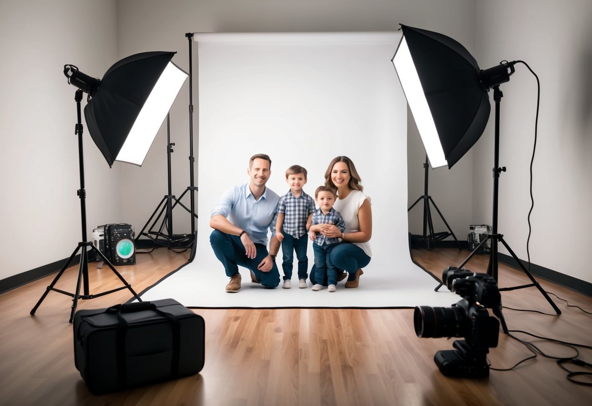 A family portrait studio with professional lighting, backdrop, and camera equipment set up for editing