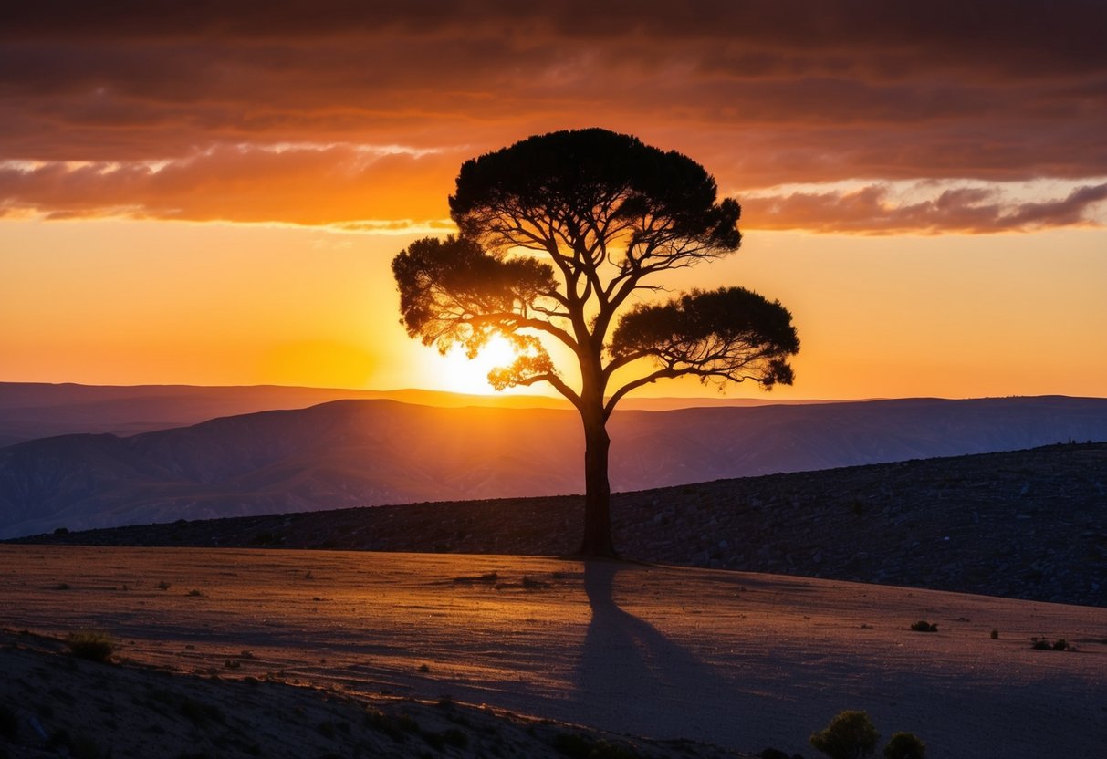 A lone tree stands silhouetted against a vibrant sunset, casting long shadows across a rugged landscape. The warm light creates dramatic contrast and depth