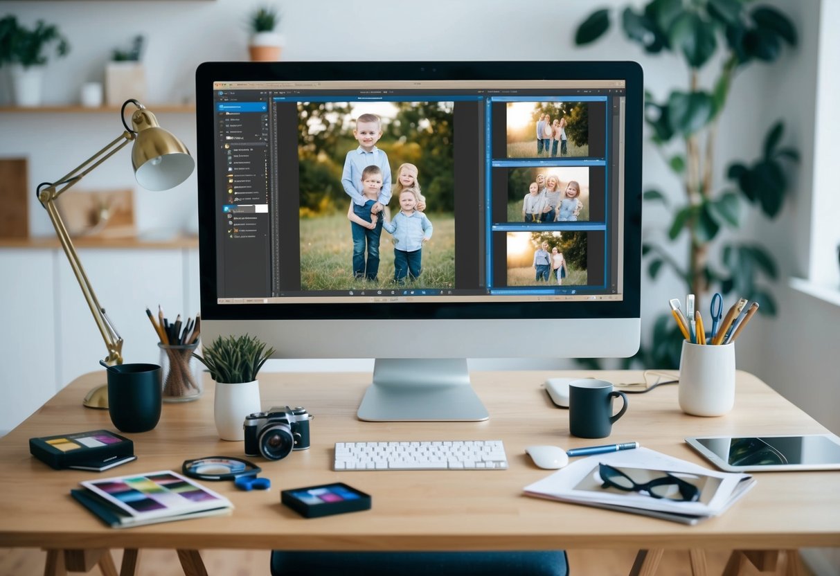 A table with various photo editing tools and a computer screen displaying advanced editing techniques for family portraits