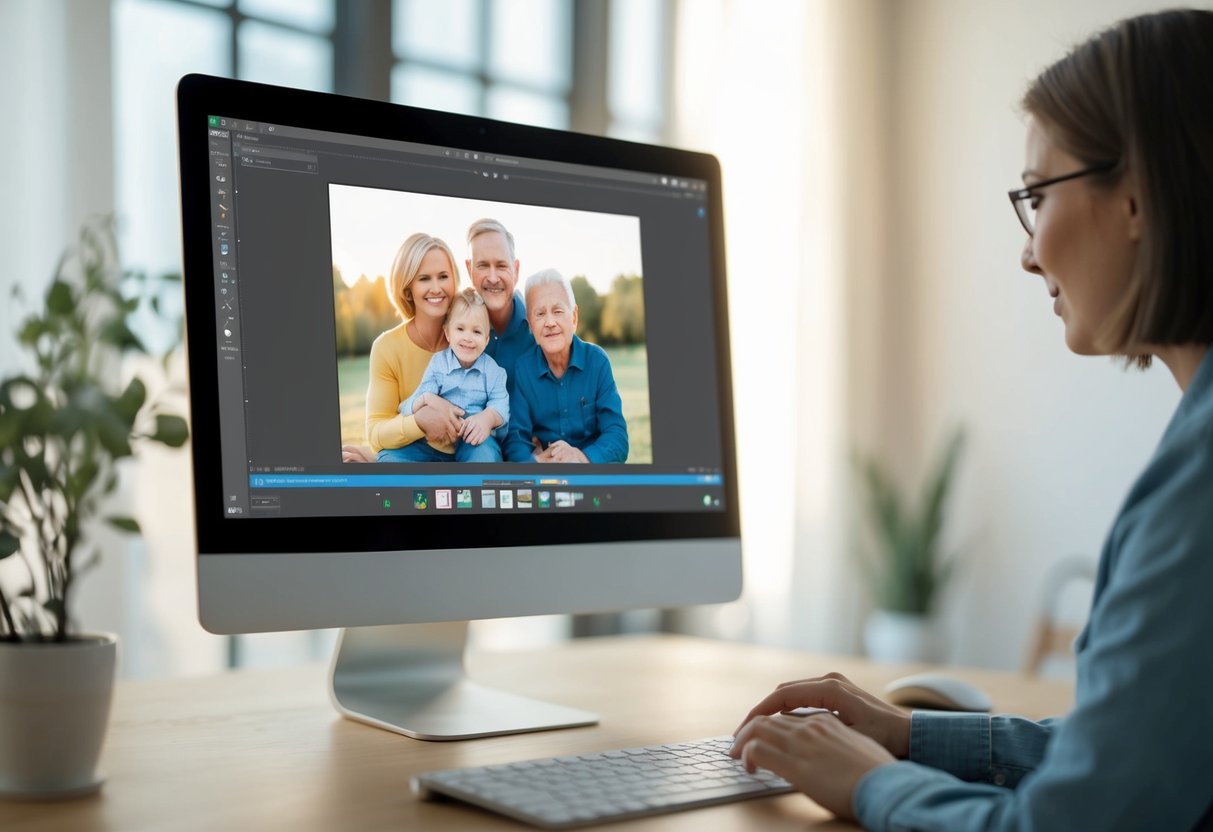 A computer screen displaying a family photo being retouched with software tools, with a mouse or stylus being used to adjust colors and remove imperfections