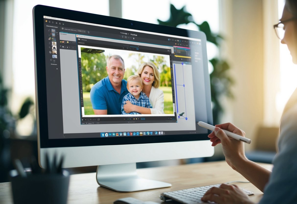 A computer screen displaying a family photo being retouched with software tools, with a mouse or stylus being used to make adjustments