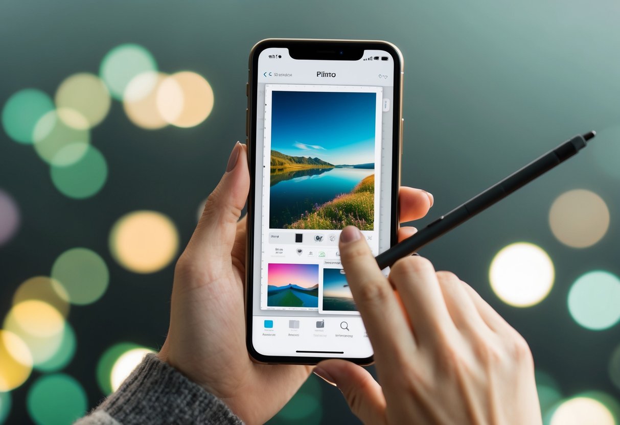 A smartphone displaying a photo editing app with various tools and filters. A hand holding a stylus makes adjustments to a vibrant landscape photo