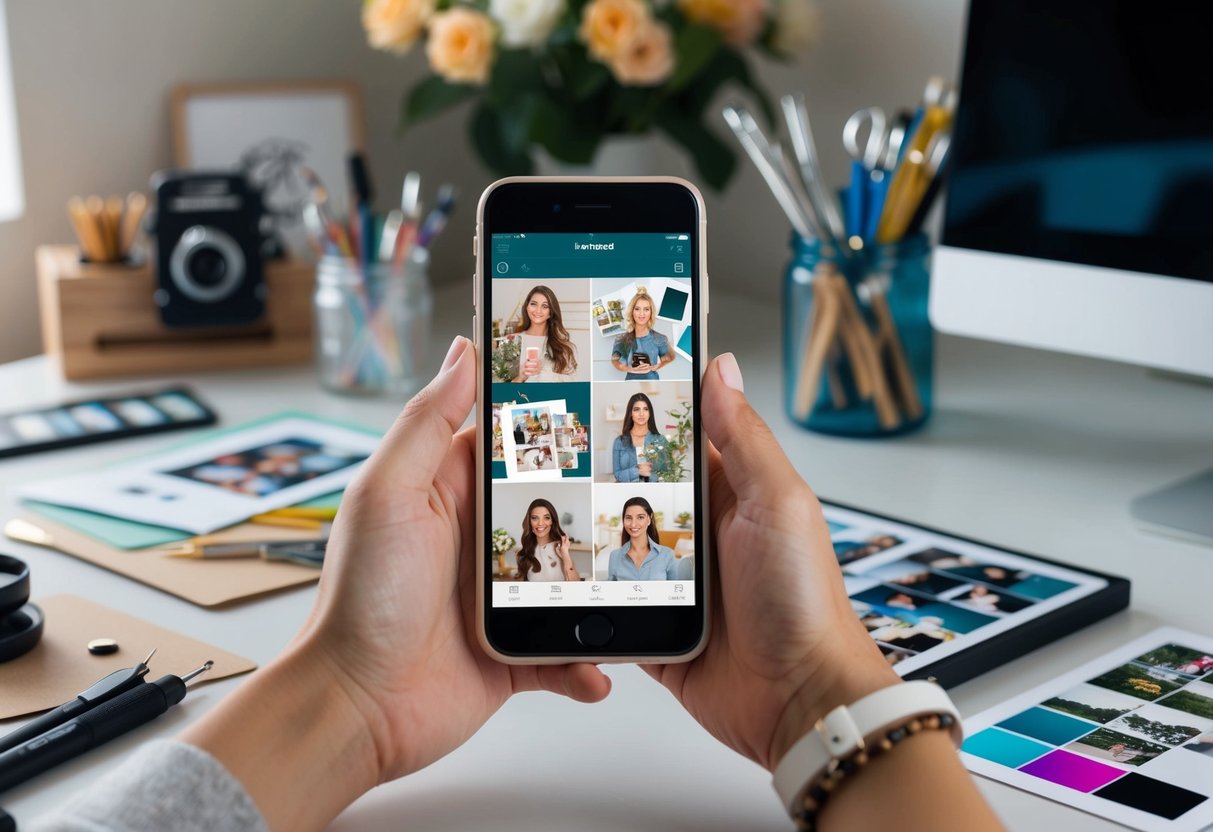 A mobile phone displaying a photo collage app with various editing tools and a selection of professionally crafted photo collages on a desk with art supplies