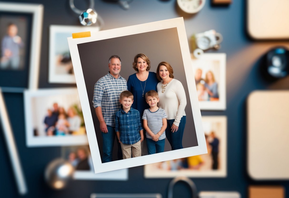 A cluttered family photo with distracting objects, ready for digital retouching