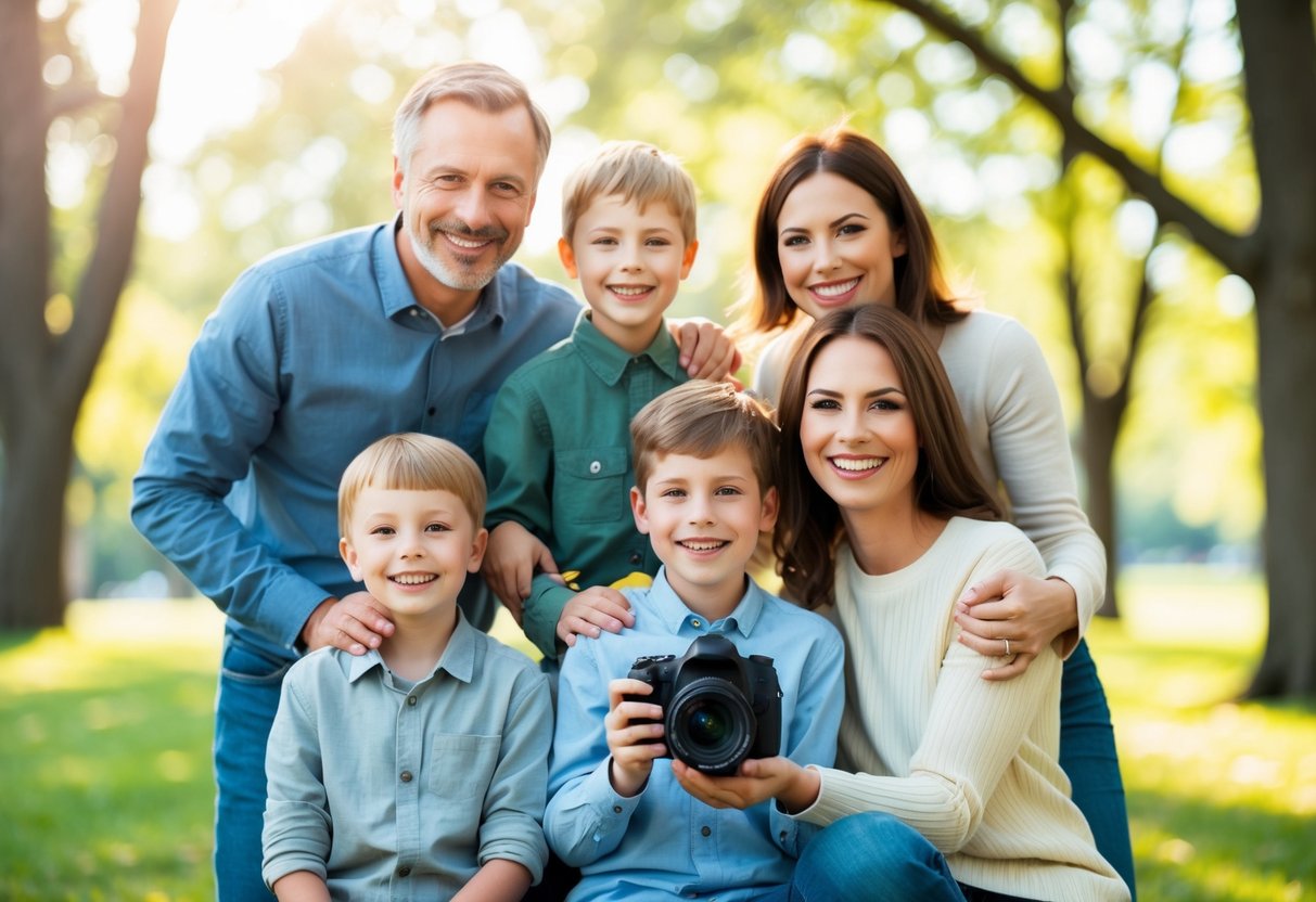 A family setting with a camera, smiling faces, and natural lighting in a park or home environment