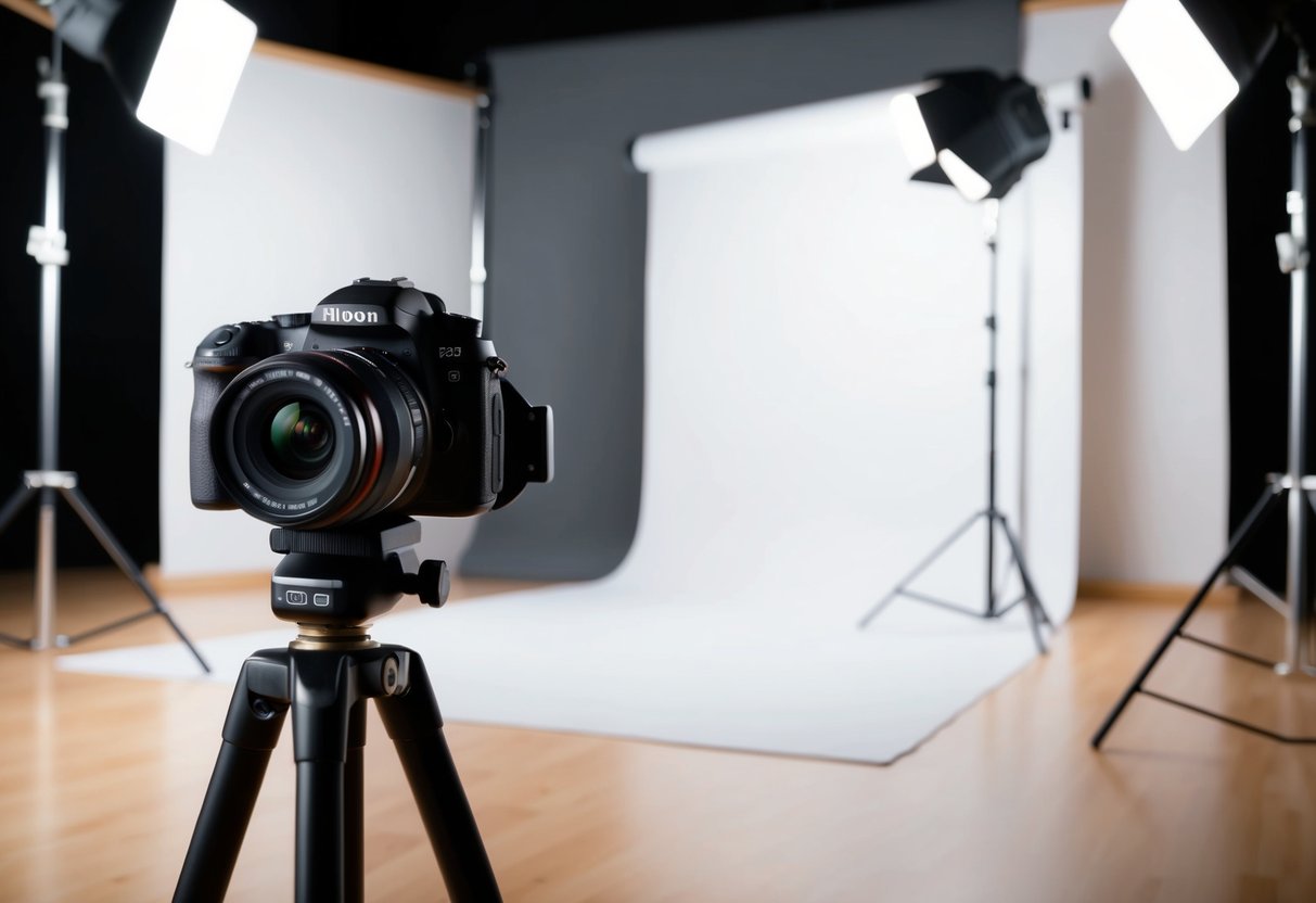 A camera, tripod, lighting equipment, and backdrop arranged in a studio setting