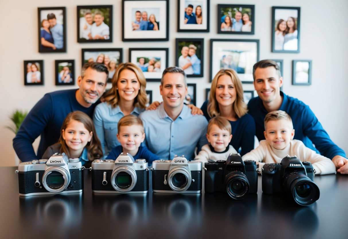 A family setting with various camera types displayed on a table, surrounded by smiling faces and candid moments captured in framed photographs on the wall