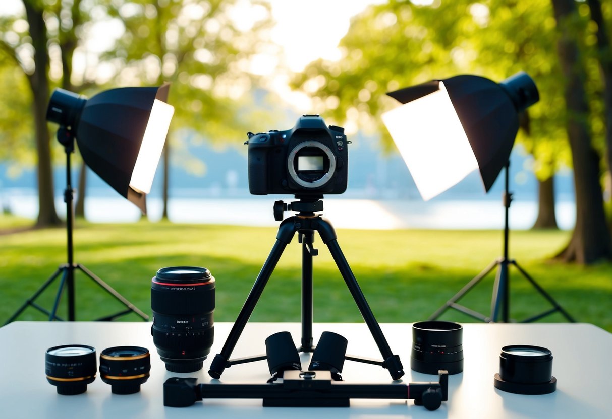 A camera, tripod, and lighting equipment arranged on a table, with a picturesque backdrop of a park or nature scene in the background