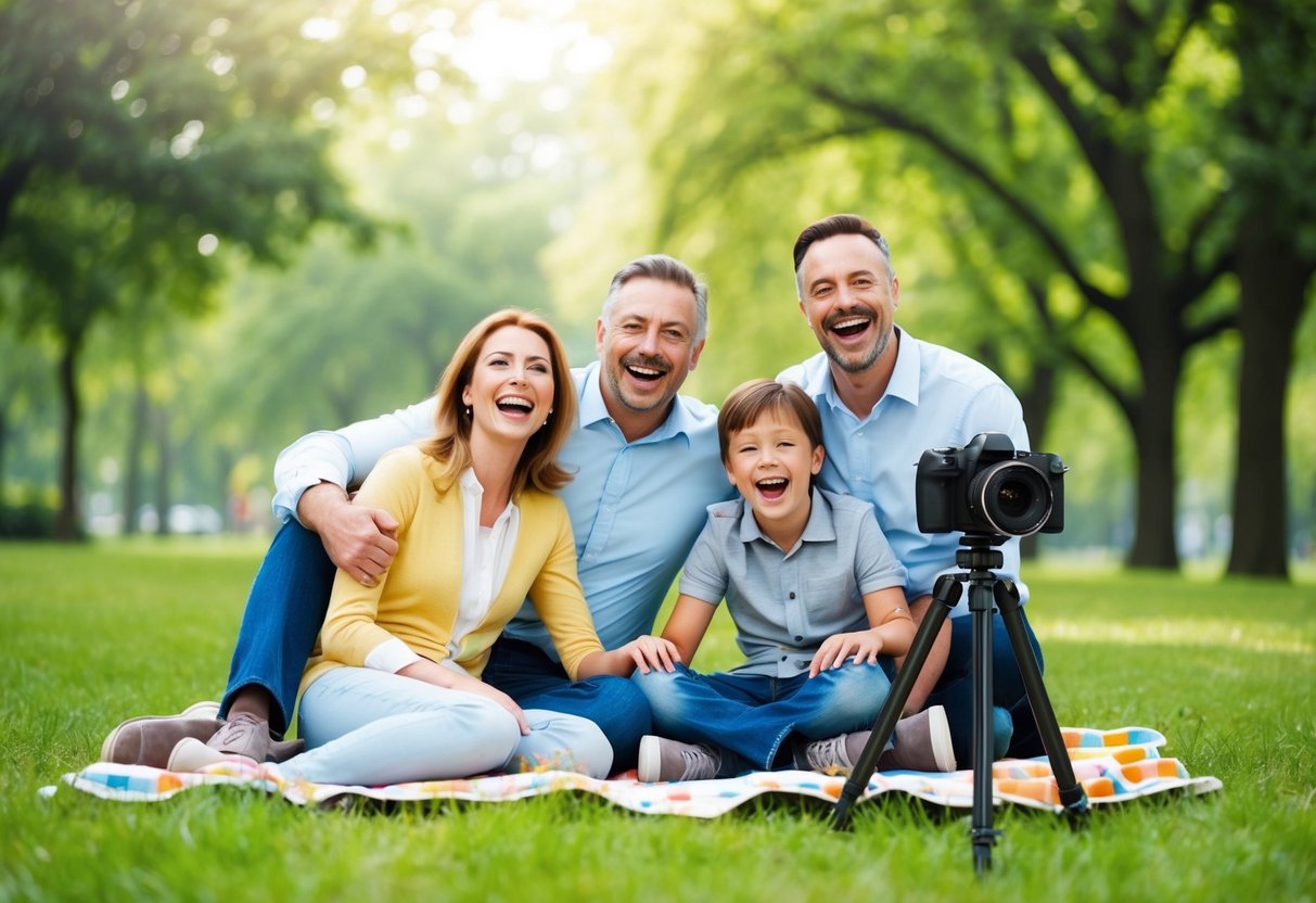 A family of four sits on a picnic blanket in a lush green park, smiling and laughing as they pose for a photo. The camera sits on a nearby tripod, capturing the joyful moment