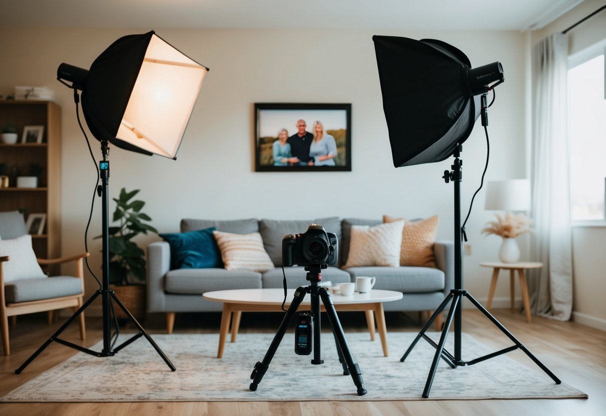 A camera, tripod, and softbox lighting set up in a cozy living room with a family portrait displayed on the wall