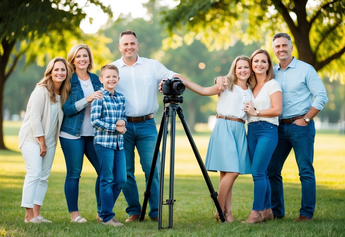 A family photo shoot setup with a sturdy tripod, camera, and smiling family members posing together in a park or outdoor setting