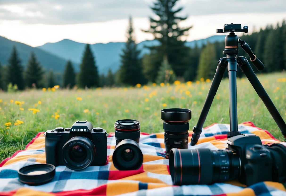 A family picnic blanket with a camera, tripod, and various lenses laid out in a scenic outdoor setting with trees and mountains in the background