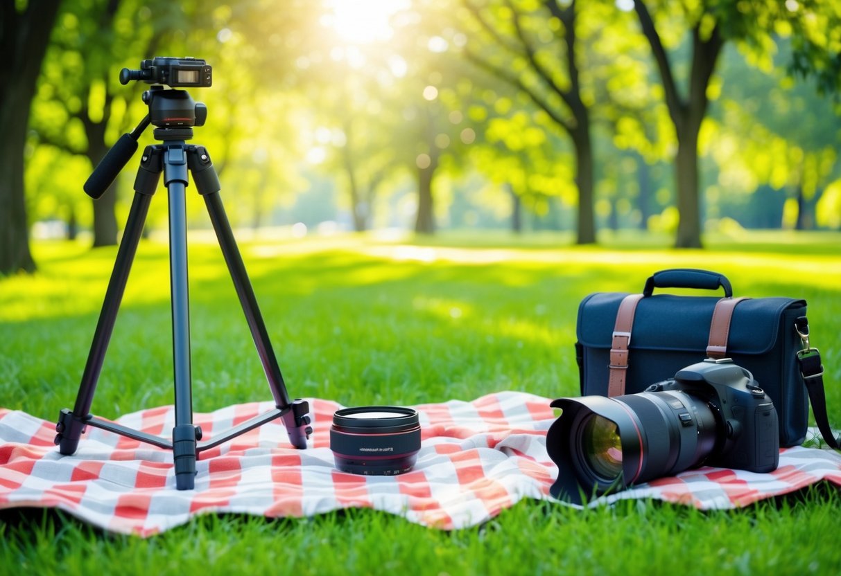 A family picnic in a lush green park, with a camera, tripod, and lens laid out on a checkered blanket. Sunshine filters through the trees