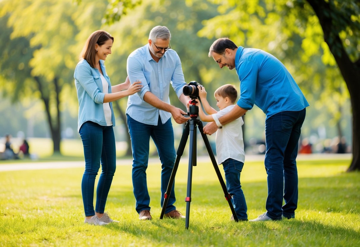 A family setting up a tripod in a park, adjusting the height and angle. The camera is mounted and ready for steady family photos