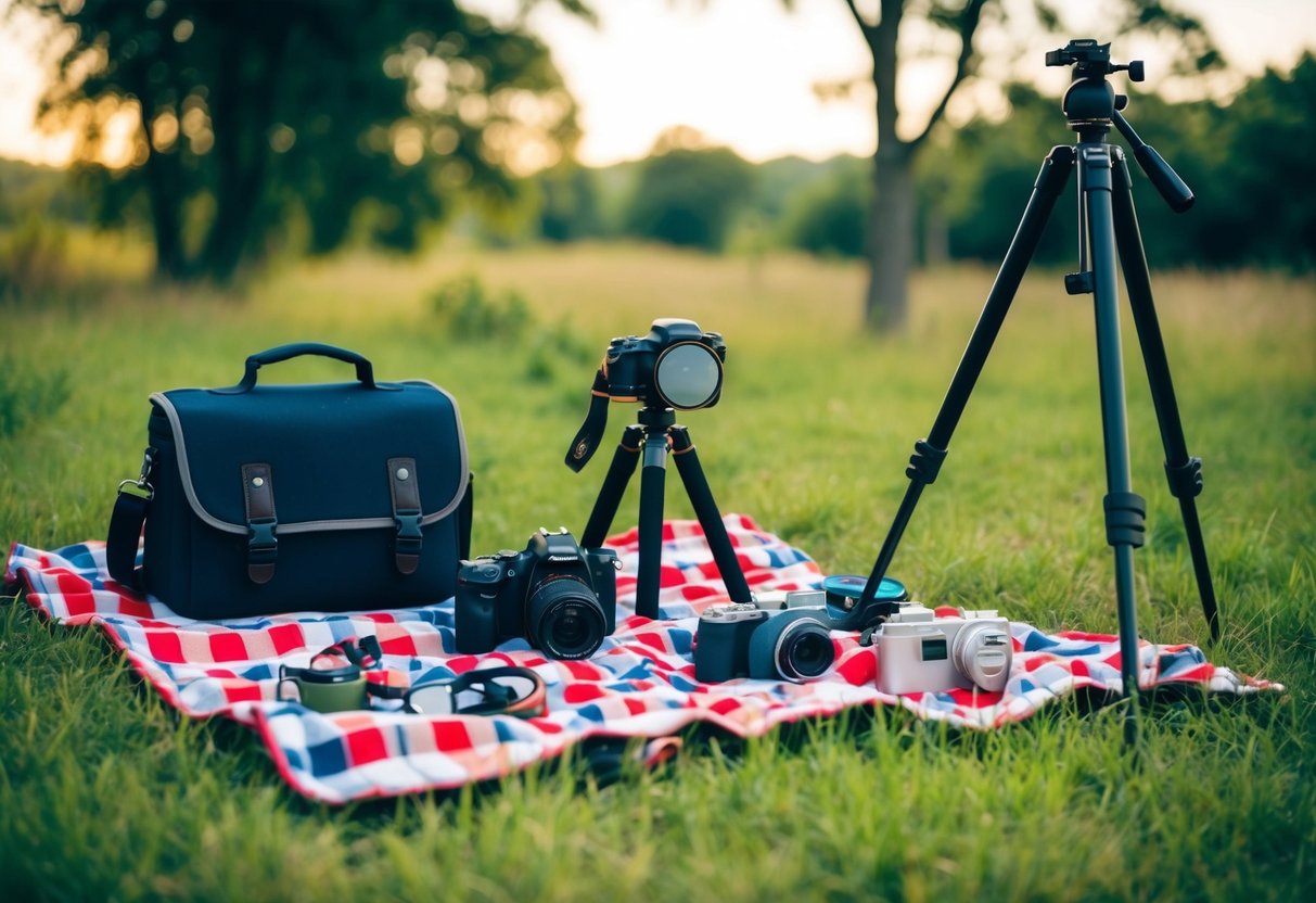 A family picnic blanket with a camera, tripod, and various accessories scattered around on the grassy ground, surrounded by trees and nature