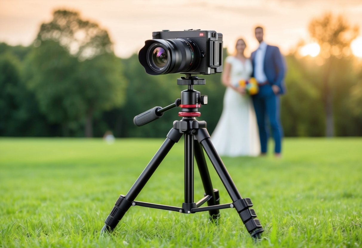 A sturdy tripod with adjustable legs and a secure camera mount set up on a grassy field with a family posing in the background