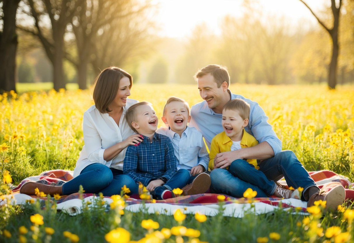 A family sitting on a blanket in a blooming field, laughing and playing together while the golden sunlight filters through the trees