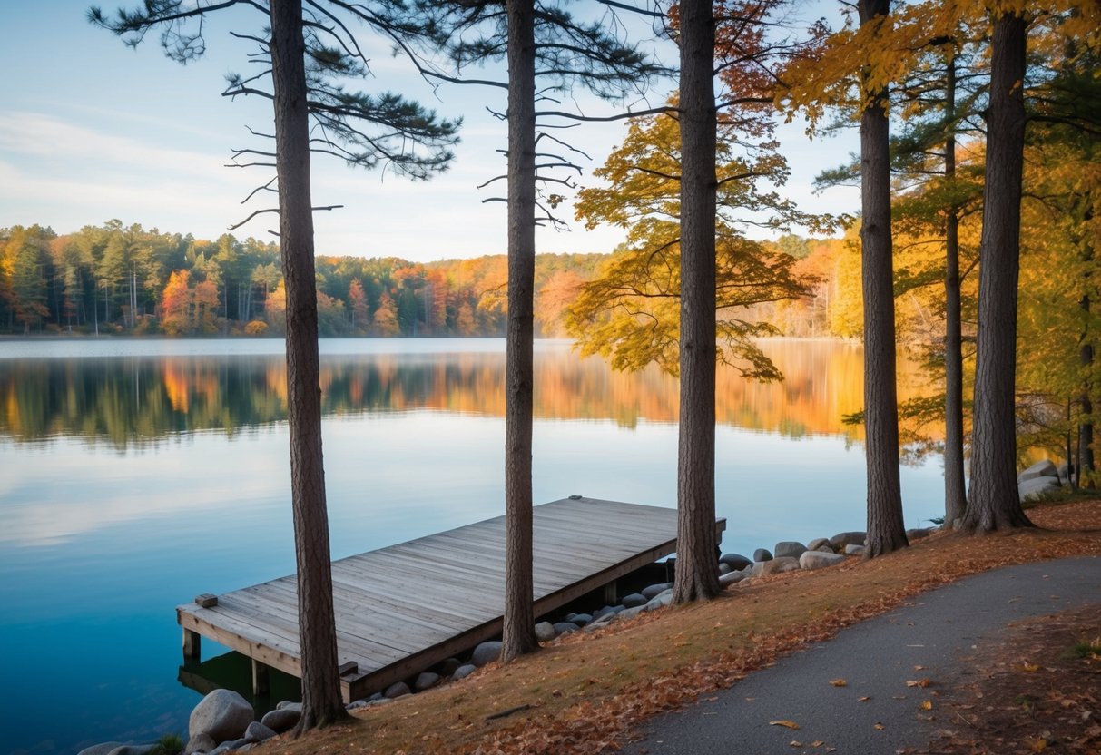 A serene lakeside with a wooden dock, surrounded by tall pine trees and colorful autumn foliage