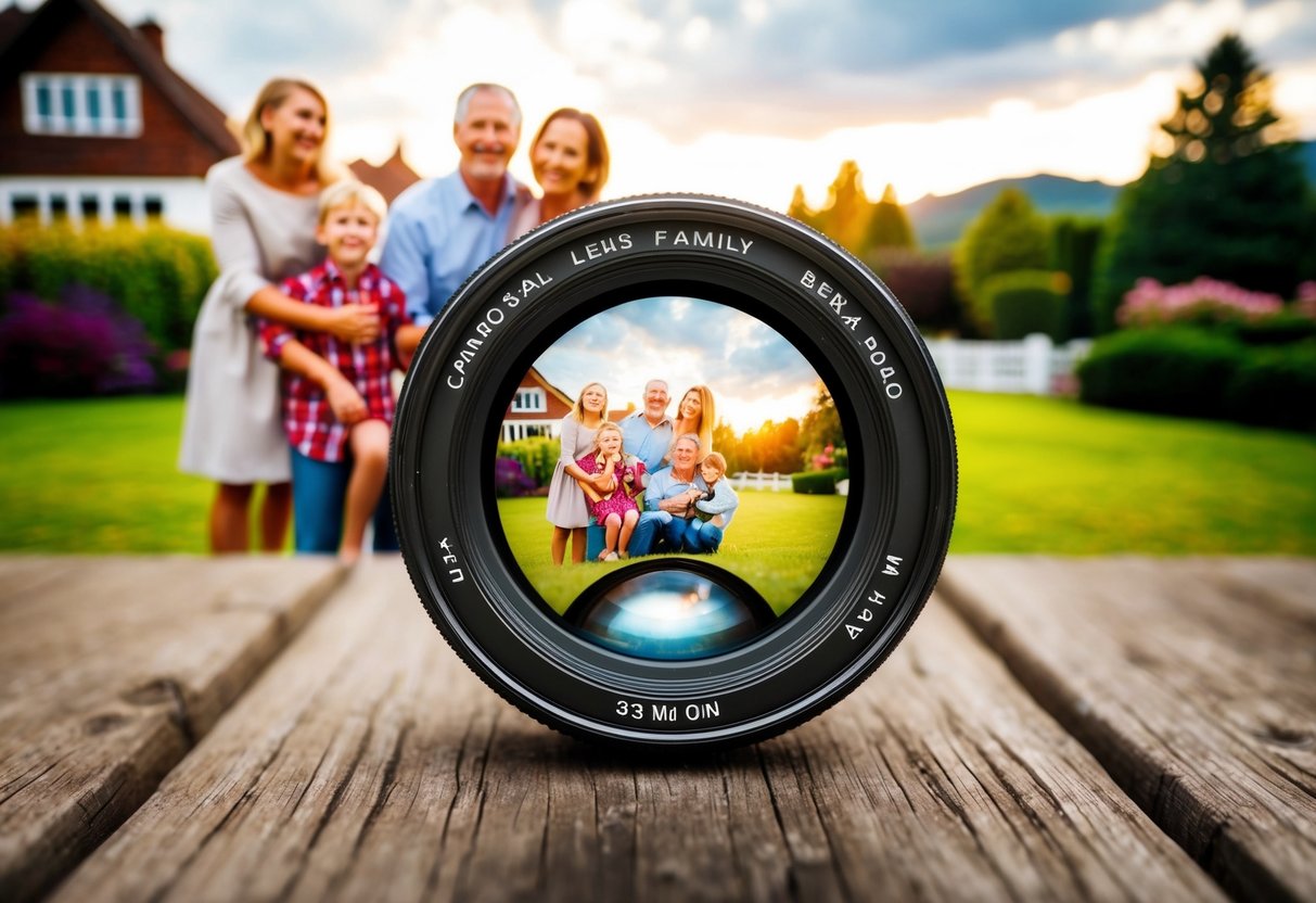 A camera lens with a picturesque family scene in the background, capturing the warmth and joy of a special moment