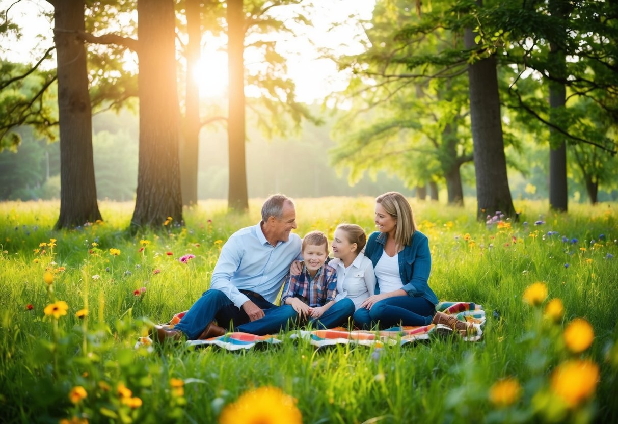 A family sits together on a blanket in a lush, green meadow surrounded by tall trees and colorful wildflowers. The warm sunlight filters through the branches, creating a soft, golden glow