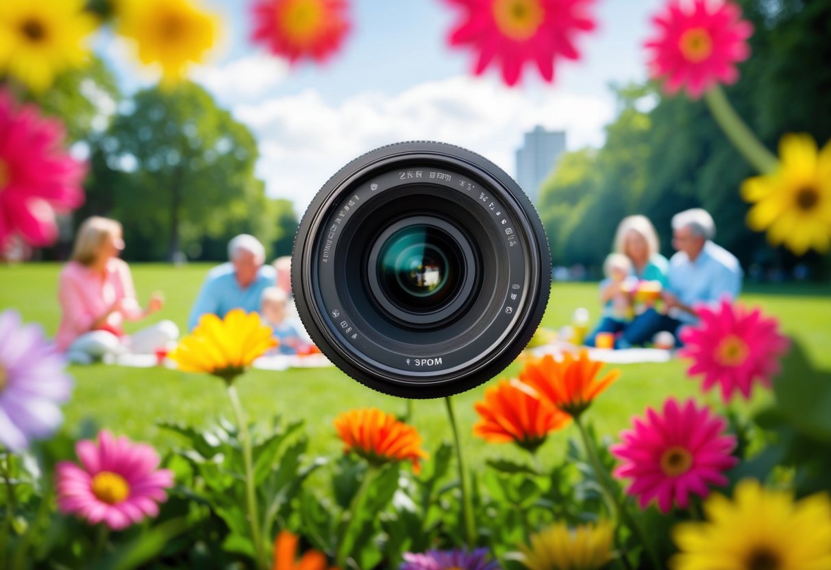 A camera lens surrounded by vibrant flowers, capturing a family picnic in a sunlit park