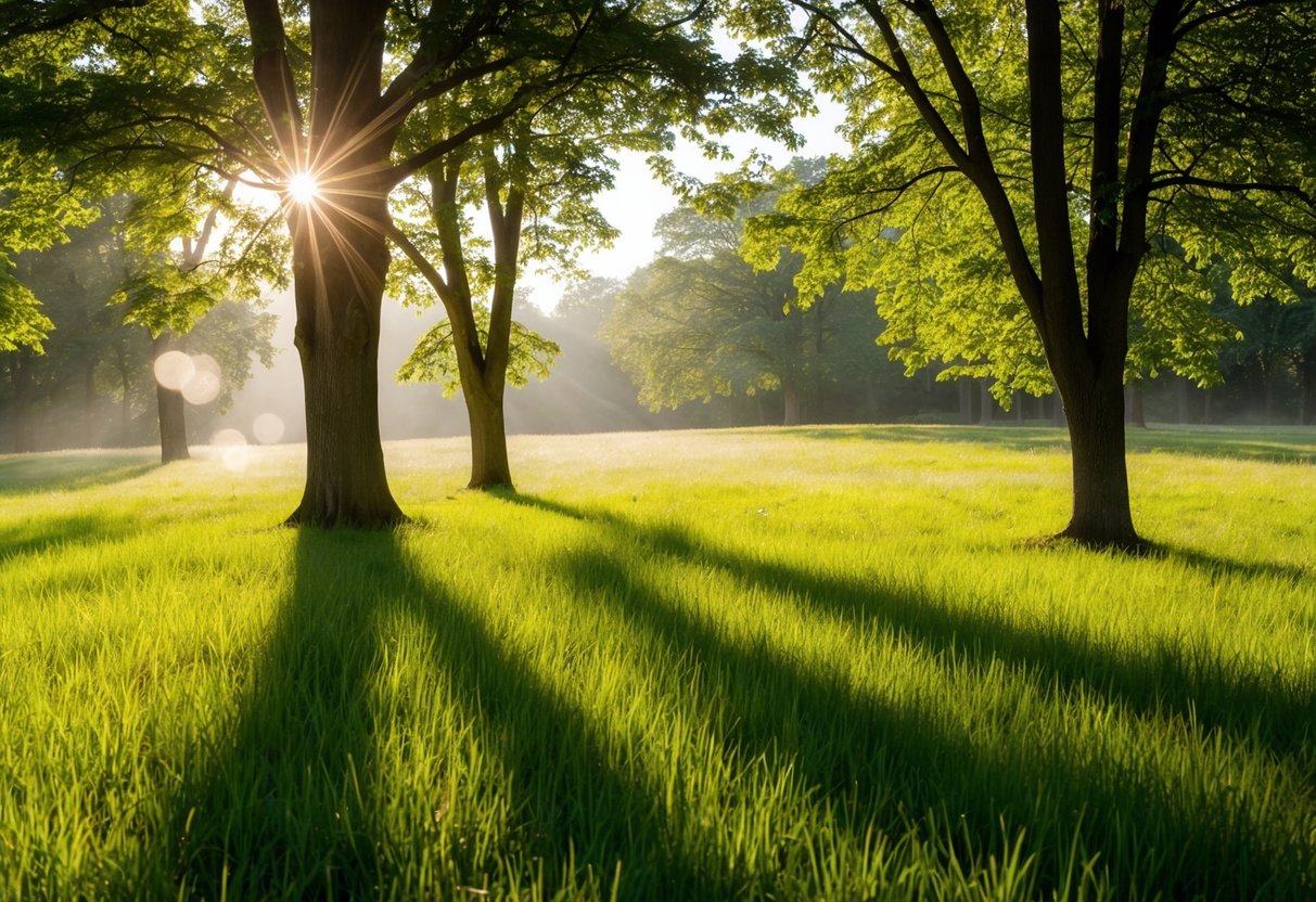 A serene landscape with dappled sunlight filtering through the trees onto a grassy clearing, creating a play of light and shadow