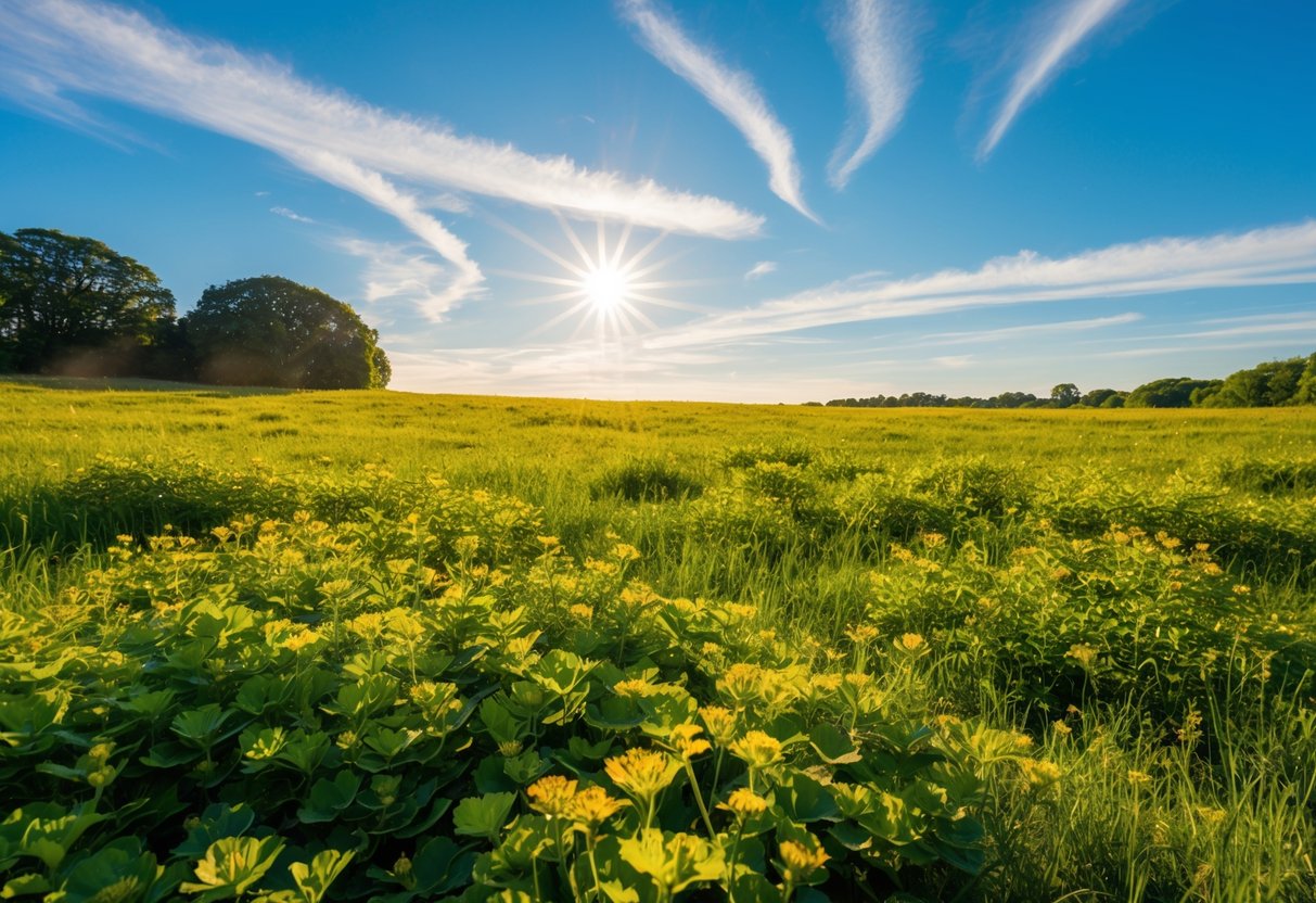 A serene landscape of a sunlit meadow with dappled shadows and vibrant greenery, framed by a clear blue sky and wispy white clouds