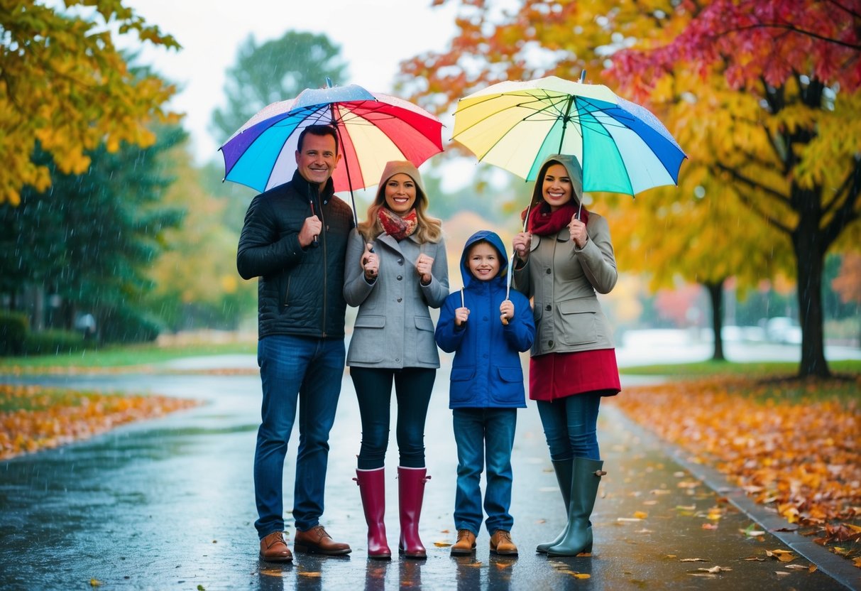 A family of four stands under a colorful umbrella in the rain, surrounded by vibrant autumn leaves and smiling as they pose for a photo