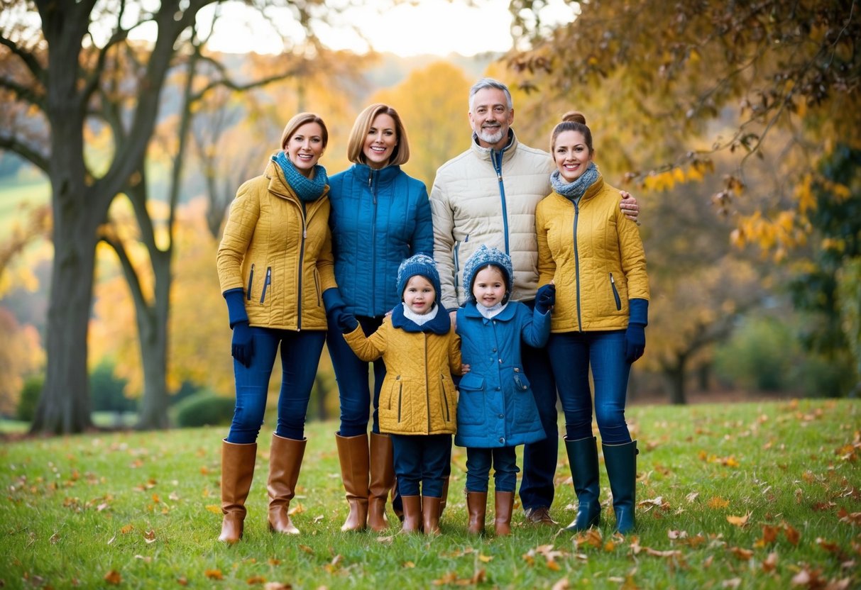 A family stands in a picturesque outdoor setting, with each member wearing coordinating outfits suitable for the current weather. The scene captures the beauty of the season, showcasing the family's unity and style