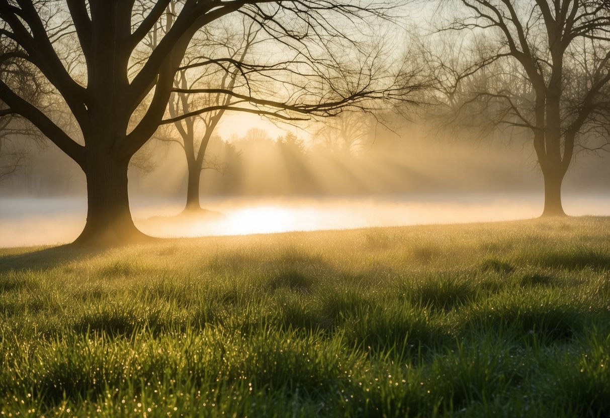 A serene landscape at dawn with soft, golden sunlight filtering through misty trees and casting long shadows on dewy grass