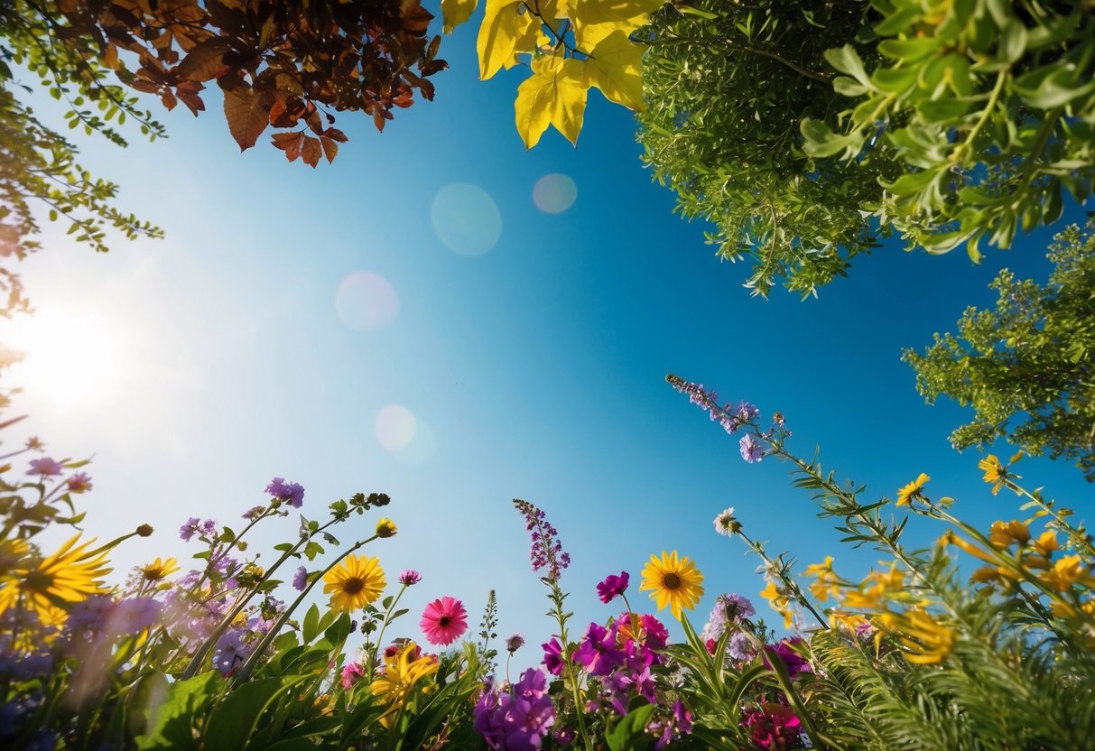 A colorful array of flowers and foliage under a bright, clear sky, with a gentle breeze blowing through the scene