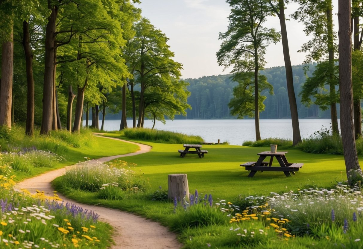 A cozy picnic area nestled in a lush, flower-filled meadow, with a winding path leading to a serene lake surrounded by tall, swaying trees