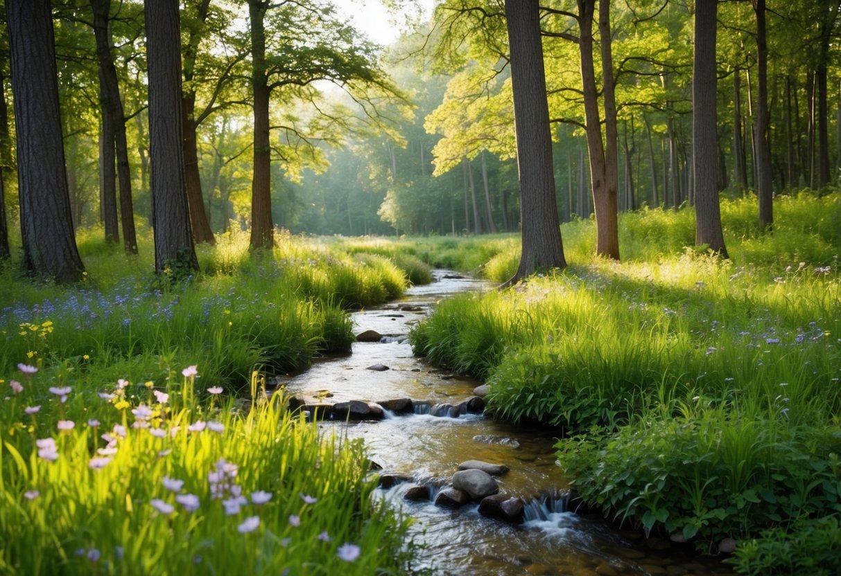 A serene forest clearing with a babbling brook, dappled sunlight, and a scattering of wildflowers