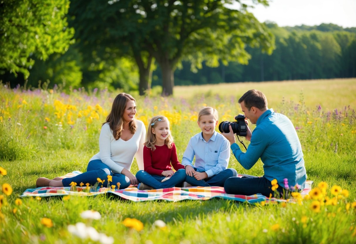 A family sits on a picnic blanket in a grassy field, surrounded by trees and colorful wildflowers. A photographer adjusts their camera nearby