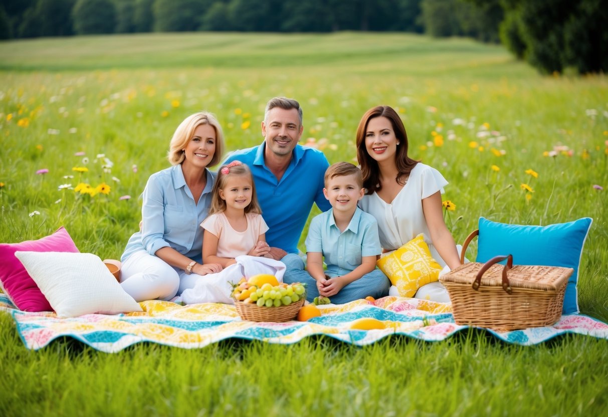 A family sits on a picnic blanket surrounded by colorful blankets and pillows in a lush green field, with a vintage camera and a basket of fresh fruit and flowers nearby