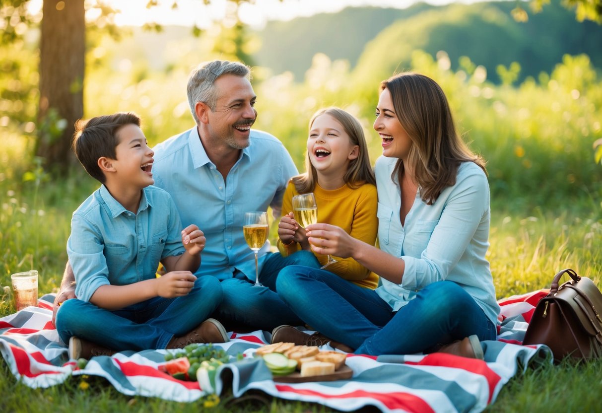 A family sitting on a picnic blanket, surrounded by nature, laughing and enjoying each other's company